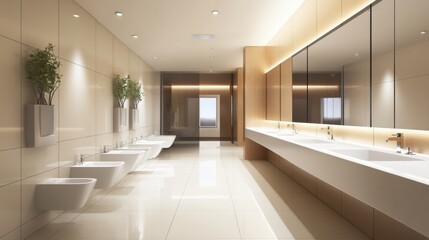 A clean, modern bathroom with sleek fixtures, large mirrors, and minimalist decor.