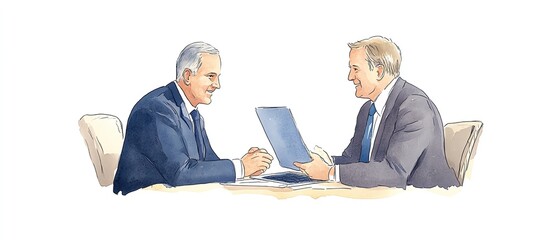 Business mentorship, senior executive advising junior colleague, supportive interaction, Watercolor style