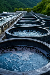Fototapeta premium Traditional japanese sake fermentation barrels in a scenic outdoor brewery