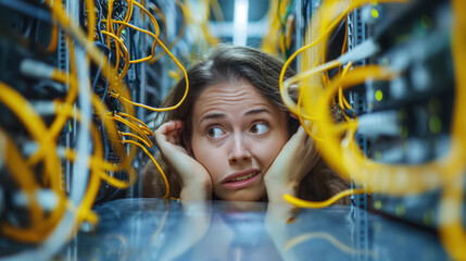 Stressed woman surrounded by colorful computer cables in data center - Powered by Adobe