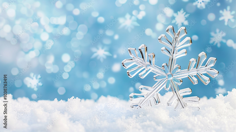 Poster snowflake on soft snow background with winter enchantment and bokeh effect