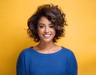 Portrait of Beautiful Young Woman Against Yellow Studio Background