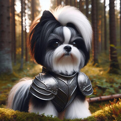 shih tzu dog sitting in the wood with armor on ready for anything