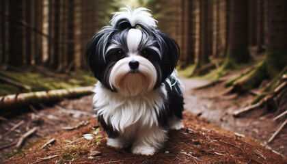 shih tzu dog standing in the woods