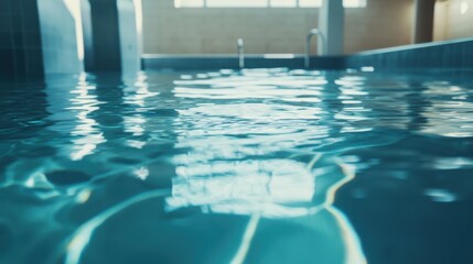 Obraz premium A swimming pool with clear water, indoor setting with modern architecture, Contemporary style