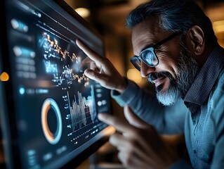 Senior man interacting with advanced data dashboard on a digital screen