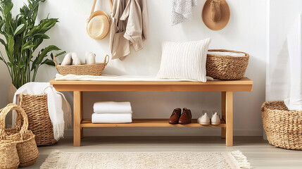 Minimalist entryway with a bench and simple coat rack design