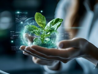 Hands holding a green plant surrounded by digital holographic data elements symbolizing sustainability and technology