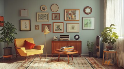 A cozy retro living room features vintage furniture, framed art, and warm pastel decor.