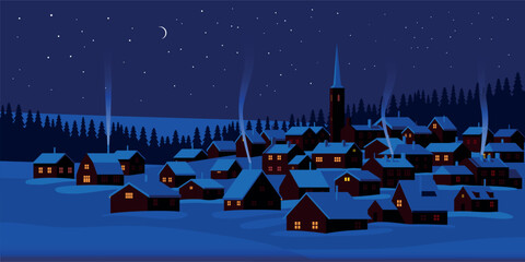 Winter season landscape night panorama with village under the snow in the first plan and forest in the background. Handmade drawing vector illustration. Can be used for christmas gifts, decorations. 