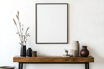 stylish interior scene featuring wooden console table adorned with decorative vases, plant, and framed empty picture. minimalist design evokes sense of calm and elegance