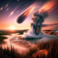 landscape with an geyser erupting, and a large meteor about to make impact.




