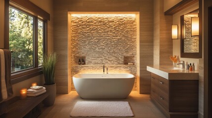 A contemporary bathroom with a freestanding tub, detailed stone tiles, and ambient lighting.