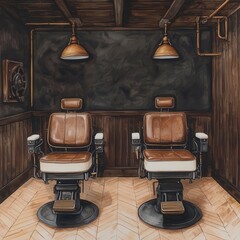 A vintage barber shop interior featuring two stylish barber chairs under warm lighting with wooden accents and a rustic atmosphere.