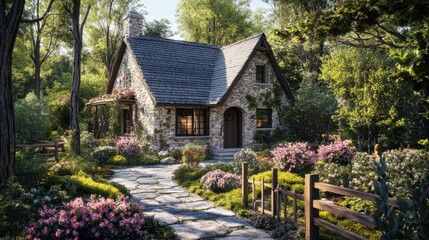 A cozy stone house with a rustic garden, featuring blooming flowers, a wooden fence, and a stone walkway.