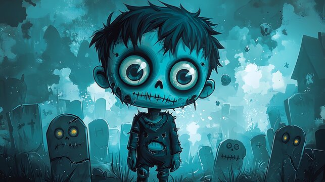 Chibi Zombie Boy with Goofy Eyes in Graveyard Scene
