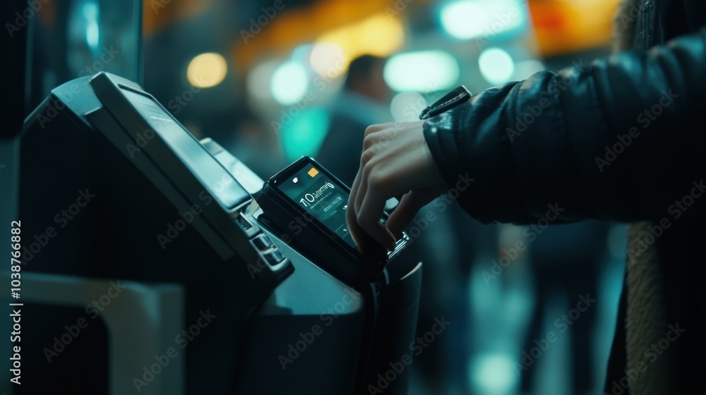 Poster a customer completing a purchase with a smartwatch at a contactless payment terminal, showcasing a h