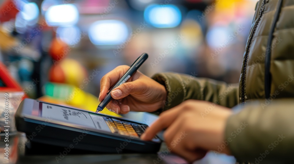 Poster a customer signing a digital pad with a stylus, completing a transaction at a retail store counter.