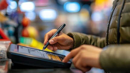 A customer signing a digital pad with a stylus, completing a transaction at a retail store counter.