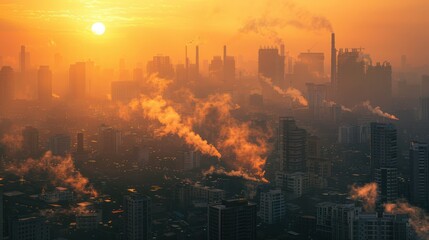 Fototapeta premium A smog-covered city skyline with factories in the background, portraying the severe impact of climate change on urban areas