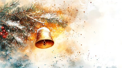 Fototapeta premium Christmas Bell Watercolor Art on Pine Branch