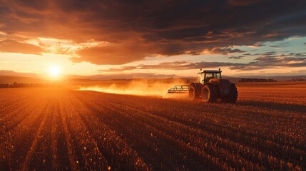 Fototapeta premium A tractor works a field at sunset, creating a cloud of dust as it moves across the land.