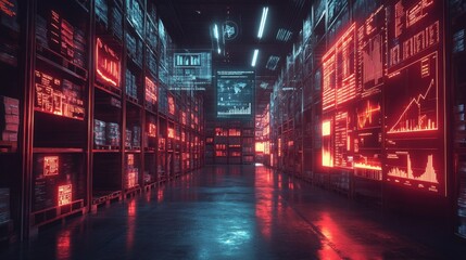 Fototapeta premium A futuristic warehouse with rows of shelves lit by glowing red and blue screens, creating a vibrant, digital landscape.