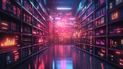 Fototapeta premium A futuristic server room with glowing screens displaying data and information. The neon lights create a vibrant and dynamic atmosphere.