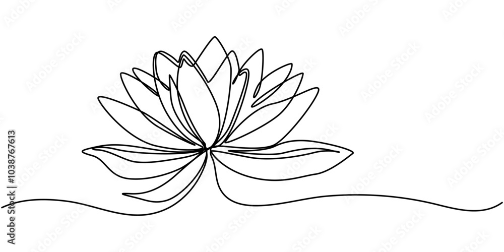 Poster continuous line drawing of lotus flower. one line drawing background. lotus continuous line, continu
