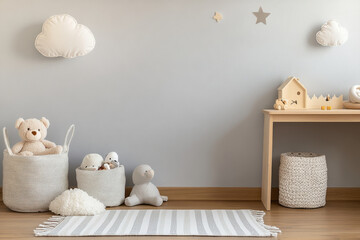 Cozy and serene nursery with soft toys, neutral colors, and decorative elements. space features plush clouds, wooden house, and calming atmosphere perfect for childs room