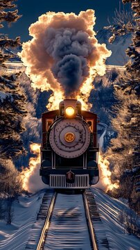 illustration, train coming directly at the viewer, with warm accents of a Yellow-Orange glowing illumination in the billowing smoke that creates reflections with Global-Illumination isolated on,
