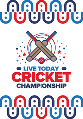 Cricket Championship. Match Day. Cricket bat and cricket ball. Tournament play-off and final. Sport game, professional competition. Play for win. Cricket match score. Fitness and recreation poster