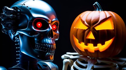 robot head and halloween pumpkin with light up eyes