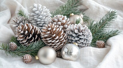 Cluster of frosted pinecones, isolated on a white linen fabric, with small decorative ornaments and sprigs of fir
