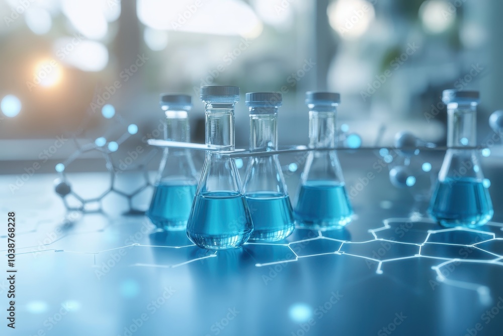 Poster blue liquid in laboratory flasks on a table with molecular structure background at sunset