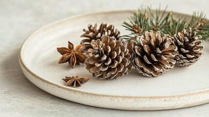 Cluster of small pinecones, isolated on a white matte plate, with decorative snowflakes and star anise nearby