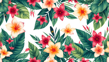 Seamless pattern with Tropical flowers and leaves design. Stylish trendy fashion floral pattern. Floral Texture for fabric isolated with white highlights, png