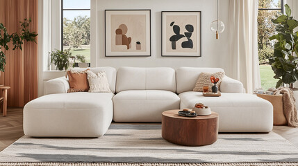 Minimalist living space featuring a sleek, oversized white sofa, monochrome rug, and abstract art