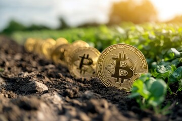 Bitcoin coins placed in a field signifying the growth of cryptocurrency in agriculture