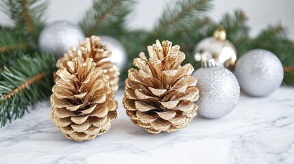 Golden pinecones with glitter on a white marble surface, surrounded by festive silver ornaments and pine branches