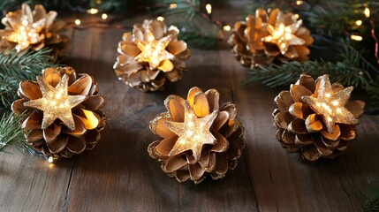 Golden pinecones with glittering stars, placed on a dark wood surface, with sprigs of mistletoe and small fairy lights