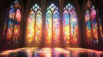 Obraz premium A detailed depiction of stained glass windows in a church, with light streaming through in vibrant colors.