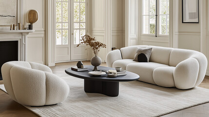 Minimalist living space with a large rug and simple seating arrangement