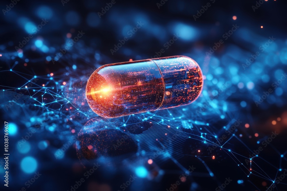 Poster a futuristic digital capsule floating above a network of glowing connections and data