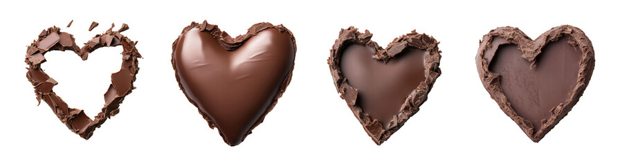 Obraz premium Collection of four chocolate heart shapes isolated on a transparent background, perfect for Valentine's Day and romantic concepts