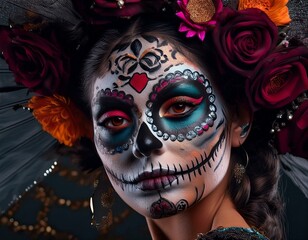 Celebrating life and death Elegant Mexican woman with ornate fantasy makeup for Day of the Dead