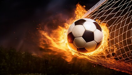 Naklejka premium art Soccer ball on fire hitting the back of the net, symbolizing power