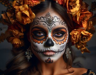 Celebrating life and death Elegant Mexican woman with ornate fantasy makeup for Day of the Dead