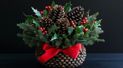 Large pinecone centerpiece, isolated on a black matte surface, with sprigs of holly and red ribbon