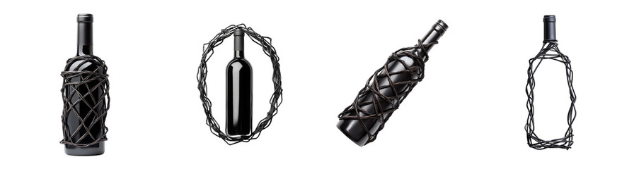 Fototapeta premium A collection of wine bottles wrapped in artistic wire, isolated on a transparent background, perfect for holiday gifting concepts